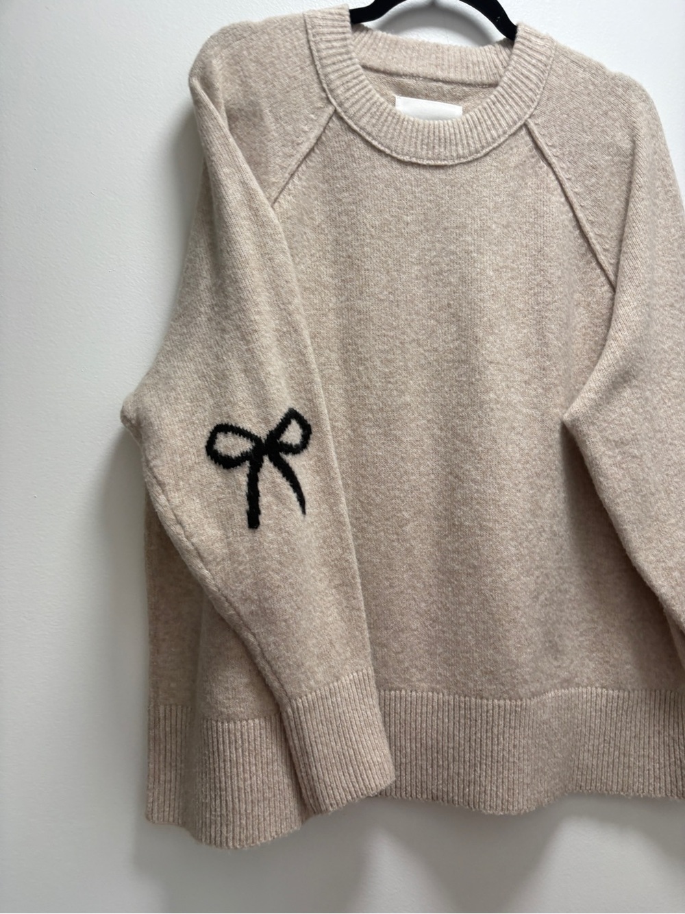 aerie Beige Crewneck Sweater with Black Elbow Bow -oversized Small - recycled